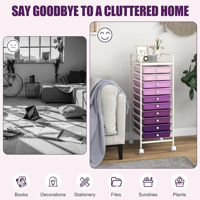 DREAMADE Rolling Cart with Storage Drawers, Utility Cart w/Removable Plastic Drawers, Lockable Wheels, Art Cart for Classroom Organization Art Supplies Office Scrapbook (10 Drawers, Gradient Purple)