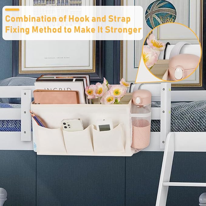 Lilithye Bedside Caddy Storage Organizer with Fixed Straps and Water Bottle Holder for Home, College, Dorm, Bunk/Hospital/Crib Bed Rails, White