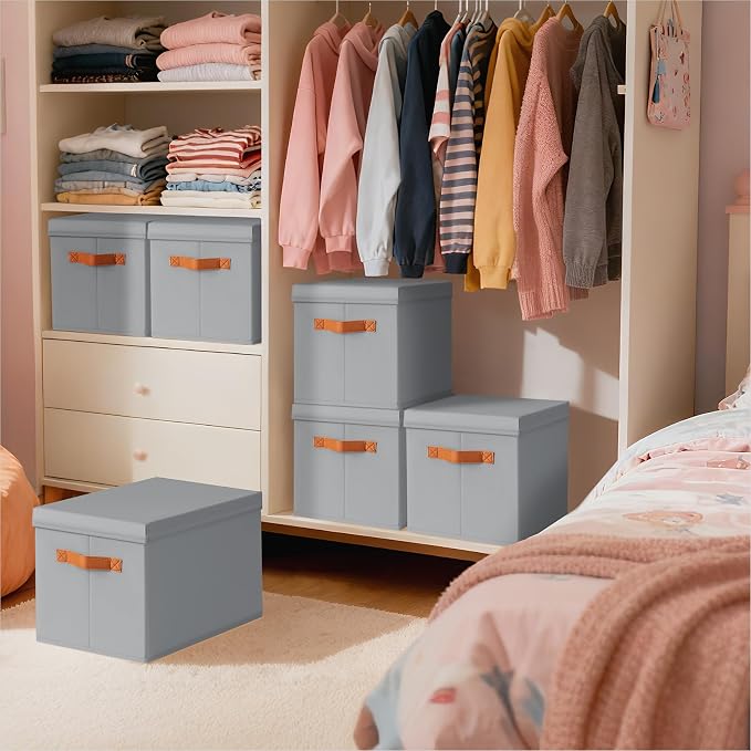 Homsorout Storage Bins with Lids - Large Fabric Closet Bins with Lid, 8 Pack Clothes Organizers and Storage, Collapsible Stackable Cube Basket for Home, Office, Dorm, Grey