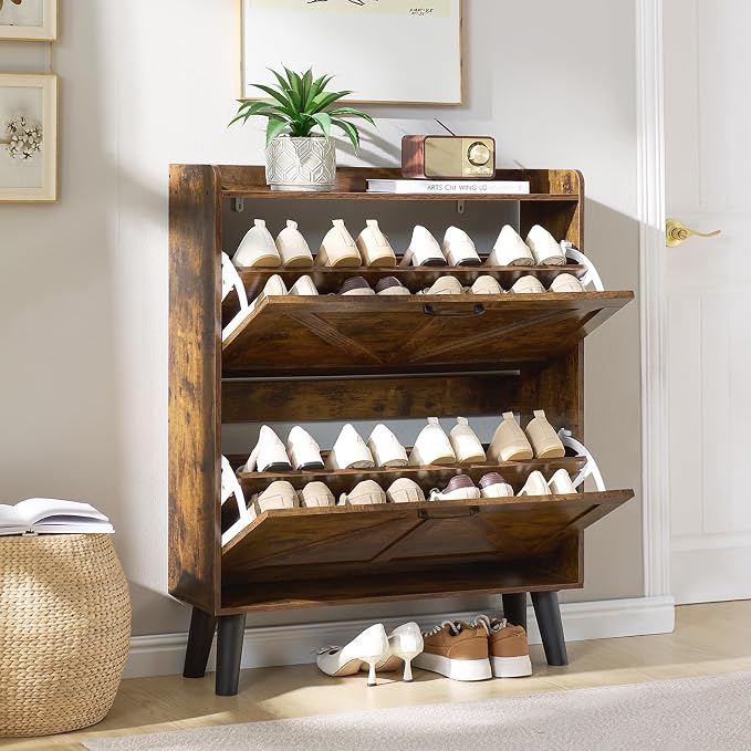 LEYAOYAO Shoe Cabinet Storage for Entryway with 2 Flip Drawers Rack Narrow Organizer Slim Hidden Wood Shoe Cabinet Furniture Brown