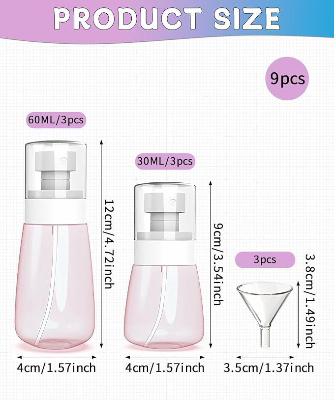 6 Pack Small Spray Bottles - Travel Size 3 Pack 1oz/30ml and 3 Pack 2oz/60ml with 3pcs Funnels, Fine Mist Mini Plastic Refillable Spray Bottles - Pink