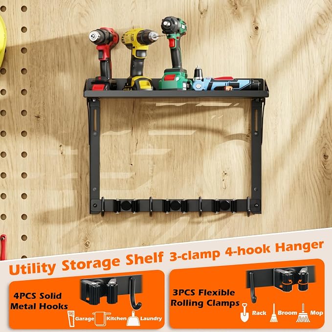 Broom Holder Wall Mount with Cleaning Supplies Organizer, Laundry Room Shelves with Mop Hanger Rack Gripper Hooks and Vacuum Organizer, Broom and Mop Organizer Wall Hanging for Home Garage Kitchen