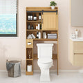 Vabches Over The Toilet Storage Cabinet with Sliding Barn Door. Rattan Oak | Farmhouse Storage Cabinet with Toilet Paper Holder Stand, Home Space-Saving Toilet Rack, for Bathroom, Restroom, Laundry