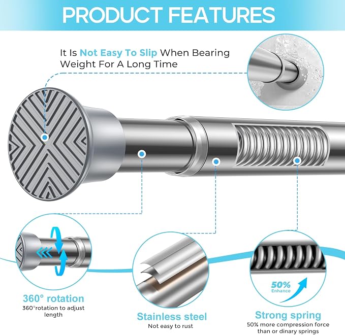 Spring Tension Curtain Rod 32-76 inch, Adjustable Expandable Tension Curtain Rod No Drilling, Tension rods for Window Doorway Kitchen Curtain, Silver