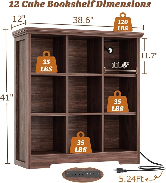 Aheaplus Wooden 9-Cube Storage Organizer with Charging Ports, Modern Cube Bookcase with Base, 4-Tier Floor Standing Open Cubbies Bookshelf, Cubicle Display Shelf for Home and Office, Black Walnut