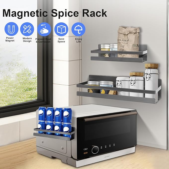Uten Magnetic Spice Rack for Refrigerator 2 Pack, Kitchen Spice Organizer | Heavy Duty Metal Magnetic Schelves, Capacity of up to 23lbs, Muti-Use for Kitchen, Washing Machine, 16"*4.5" and 12"*4", Gray