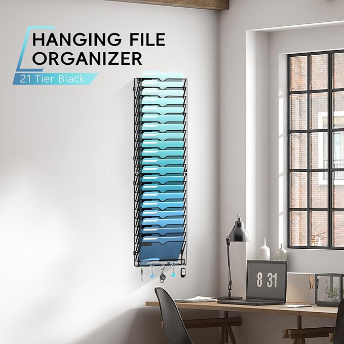 21-Tier Hanging Wall File Organizer with 5 Hooks, Wall File Holder with Labels, Vertical Wall Mount Mail Organizer for Papers, Folders, Magazines, Office Organization, Assembly Needed, Black