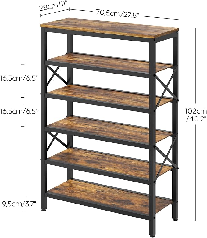 YATINEY 6-Tier Tall Shoe Rack Organizer, Wooden Shoe Storage for Closet Holds 24 Pairs, Sturdy Shoe Shelf with X-Shaped Metal Support, for Entryway, Bedroom, Rustic Brown and Black SS206BR
