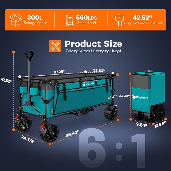 Originsure 48" L Collapsible Wagon Cart Foldable, 560lbs Weight Capacity 300L Heavy Duty Folding Beach Wagons with Big All-Terrain Wheels, Utility Carts for Groceries, Camping, Sports - Grey&Turquoise