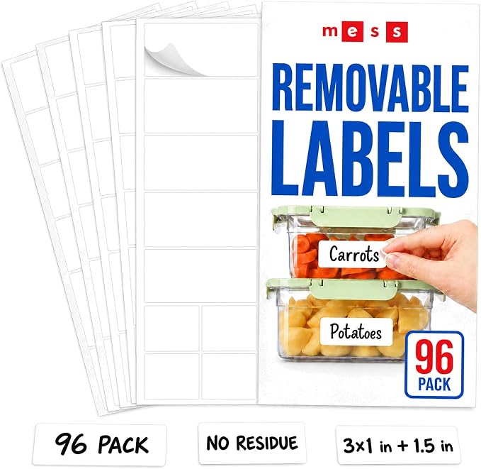 MESS Removable Food Labels for Containers (96-Pack) 1x3 & 1.5" Erasable Kitchen Labels for Organizing, Freezer & Fridge, White Dry Erase Labels for Jars