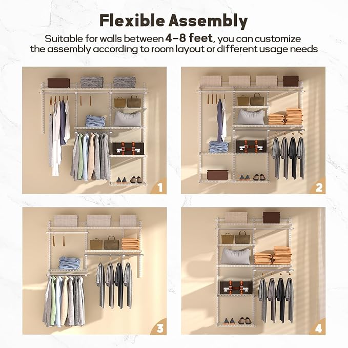 Homde Closet Organizer System Wall Mounted, 4-8 Ft. Adjustable and Expandable Metal Wire Shelving, Custom DIY Wardrobe Kit with Shelf, Clothes Hanging Rods, for Home Closet Laundry Mudroom