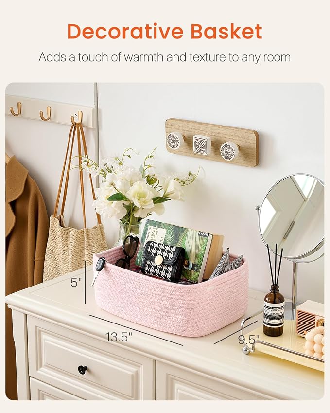 Small Woven Basket, 13.5 x 9.5 x 5 Inches, Storage Basket for Organizing, Cute Small Rope Shelf Closet Cube Storage Bins Baskets for Shelves, Dog Toy Gift Baskets Empty, 3 Pack Light Pink