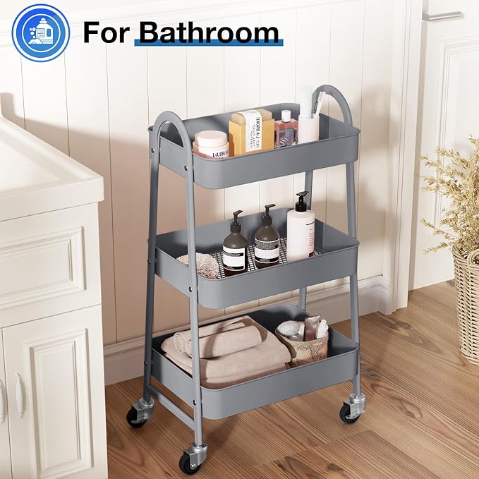 OLIXIS Metal Utility Cart, Mobile Rolling Storage Shelf with Lockable Caster Wheels, Organization for Livingroom, Bathroom & Narrow Places, 3 Tiers Gray