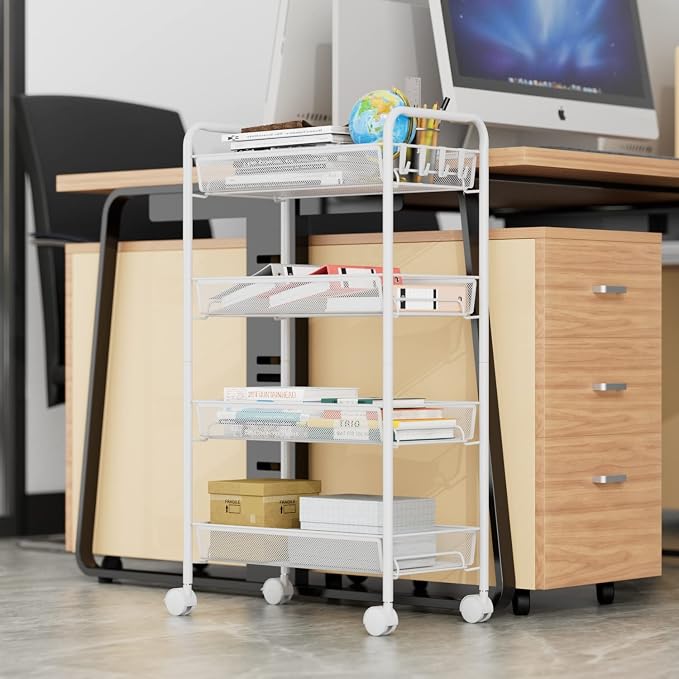 4-Tier Mesh Rolling Cart - 35 BLS/Tier Full Metal Cart with Wheel & 4 Hooks | Space-Saving 140bls Capacity Storage Organizer Crafts Utility Cart for Kitchen Pantry Office Bathroom Laundry Nursery, White