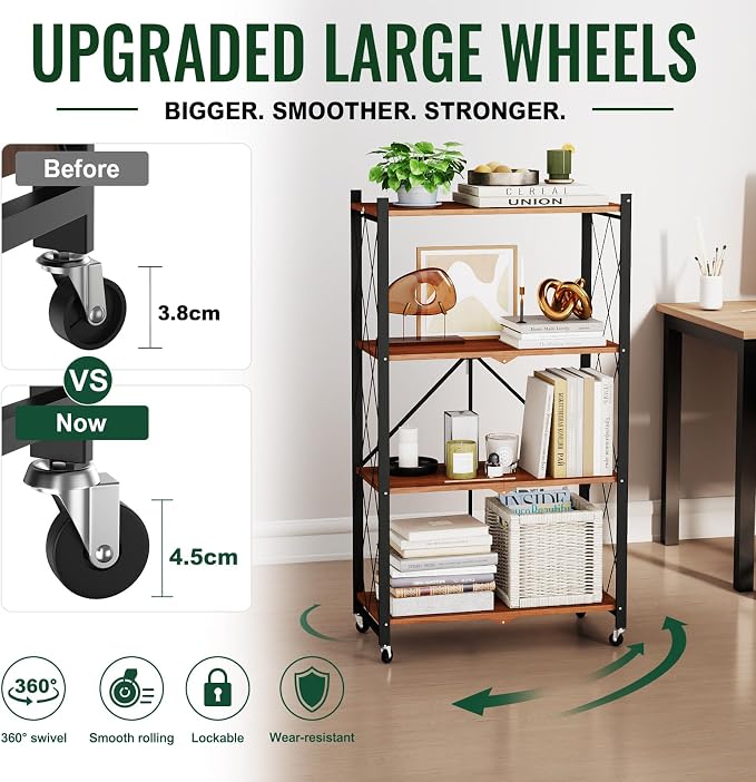 black leopard 4-Tier Foldable Shelf with Wheels, Wood-Grain Steel Shelves | Pre-assembled frame unfolds in seconds with tool-free wheel setup for fast, convenient use