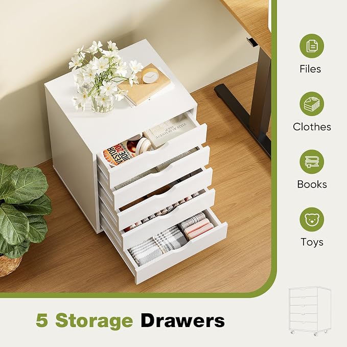 Sweetcrispy 5 Drawer Chest Mobile Storage Cabinets Small Wooden Dresser with Wheels Room Organization Furniture for Office Home, Rolling Vertical Organizer for Home Office, White Wood