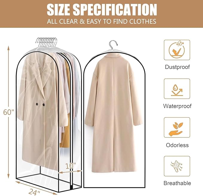 3 Pack 60" All Clear Garment Bags for Hanging Clothes Storage, 10" Gusseted Large Capacity Garment Rack Cover, Large Hanging Clothing Bag for Dress Gowns, Coats, Suit, Down Jacket