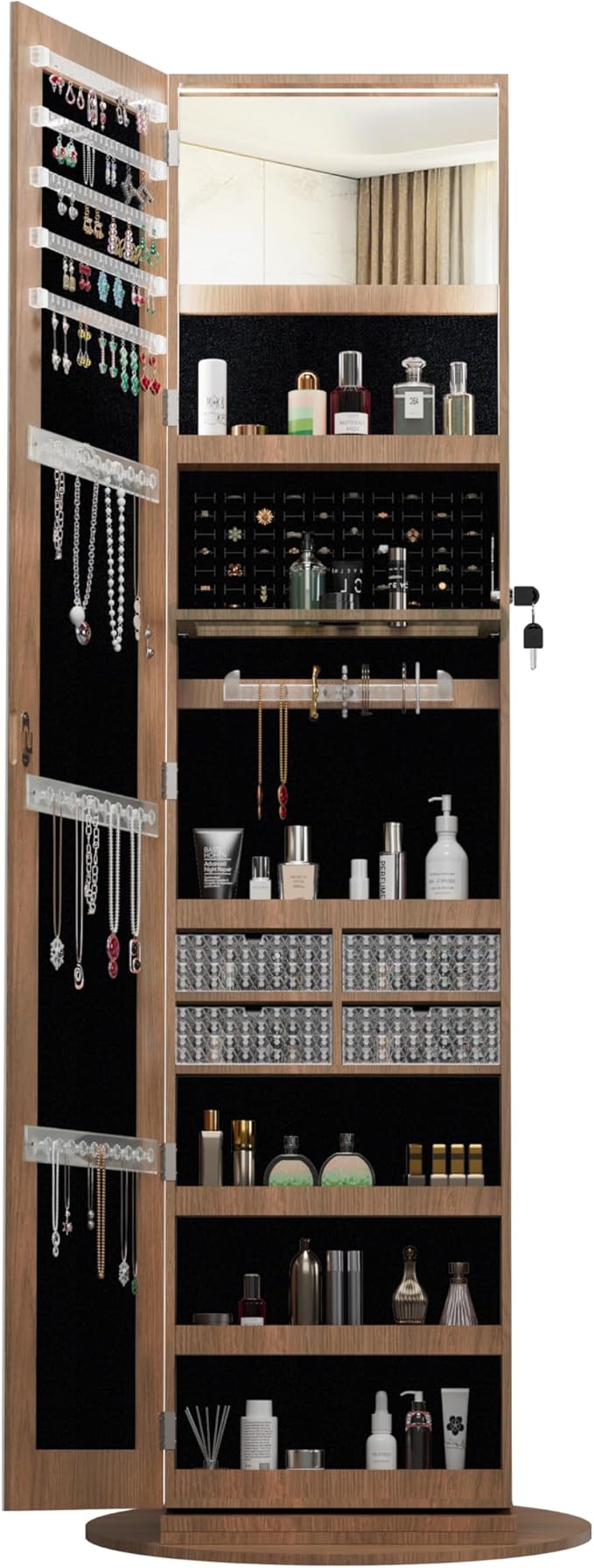 62" 360° Swivel Freestanding Storage Chest, Jewelry Cabinets with Interior Light, Utility Organizer with Lockable Design for Home Dressing, Walnut