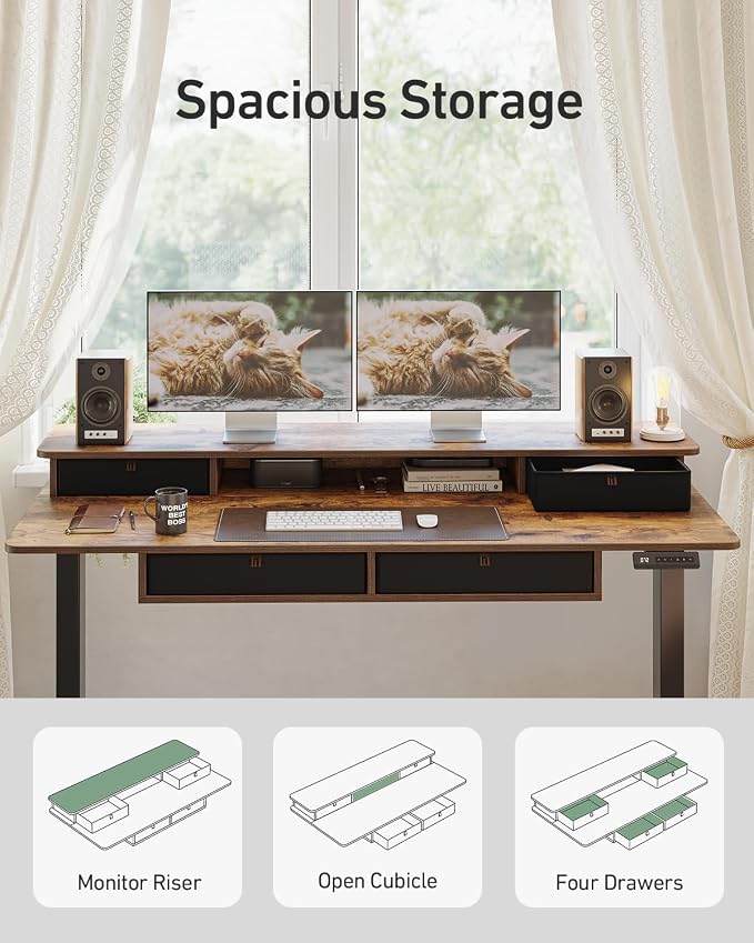 FEZIBO 48 x 24 inch Standing Desk with Drawers, Height Adjustable Electric Workstation, Computer Sit Stand Up Table with Large Storage Shelf 4 Drawers and 2 Hooks, Rustic Brown