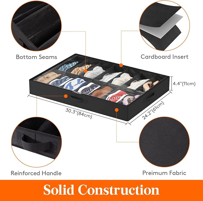 Lifewit Under Bed Shoe Storage Organizer 1 Pack(14 Shoes Cells), 4.3 Inches Profile Fabric Shoes Container Box with Clear Cover, Foldable Storage Bag with 2 Handles, Fits 7 to 14 Pairs