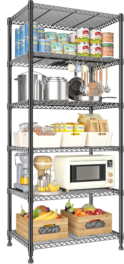 Xcity Storage Shelves, 6 Tier Heavy Duty Metal Shelving Unit, 2400 LBS Adjustable Steel Wire Shelf for Commercial, Pantry, Kitchen, Garage, 14" D x 30" W x 70" H, Black