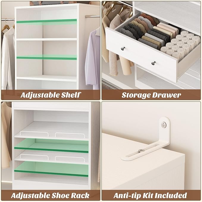 Armocity Wood Closet Organizer System with Sensing Light - 4FT-9FT Expandable Wardrobe Closet with Drawer & 4 Hanging Rods, Heavy Duty Walk-in Closet 1000Lbs for Bedroom Walk-in Closet, White