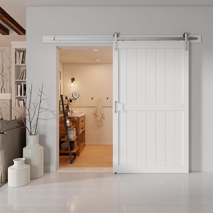 48''x96'' Sliding Barn Door with 8 Ft Brushed Nickel Hardware Kit | Pre-Drilled Holes Easy Assembly - Include Installation Manual, Water-Proof PVC Surface, H-Frame, White