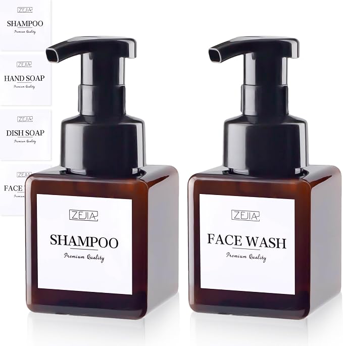 250ML Foaming Soap Dispenser, 2-Pack Plastic Hand Soap Dispenser, Refillable Leakproof Foam Pump Bottle with Waterproof Labels, for Shampoo, Body Wash