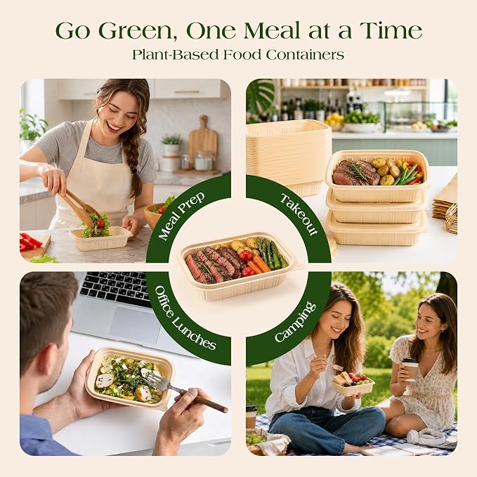 100 Piece (50 Pack) Meal Prep Containers with Lids, 16 oz Cornstarch Small Food Storage Containers Plant-based Lunch Box for Salad, BPA Free Plastic Disposable Take Out Boxes Microwave & Freezer Safe