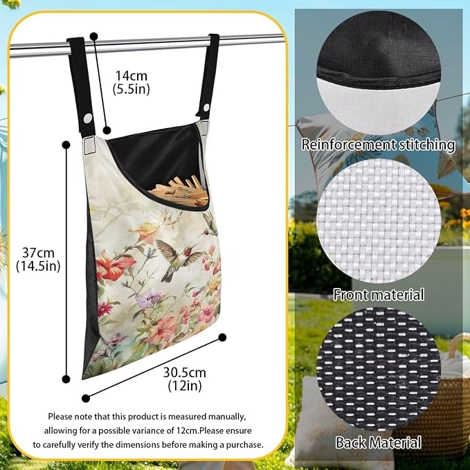 Art Hummingbird Clothespin Bag Clothespin Storage with Hanger Hook Canvas Clothespin Bag with Large Opening Space-Saving Clothespin Holder Clothespin Bag for Outdoor Use