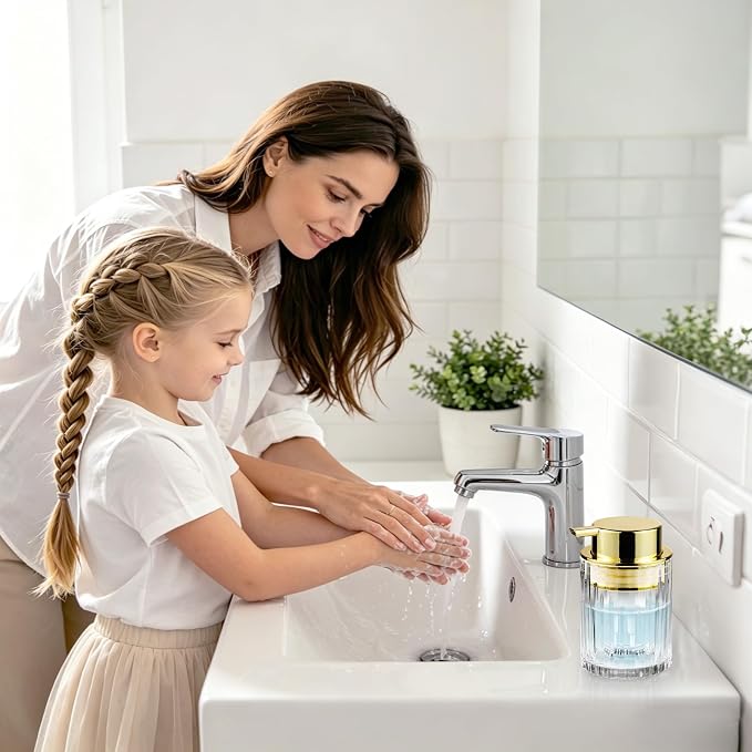 Foaming Hand Soap Dispenser, 8oz Refillable Clear Glass with Gold Pump, for Liquid Soap or Lotion, Vertical Ribbed Decor for Bathroom Vanity, Kitchen, Commercial Use - 1 Pack
