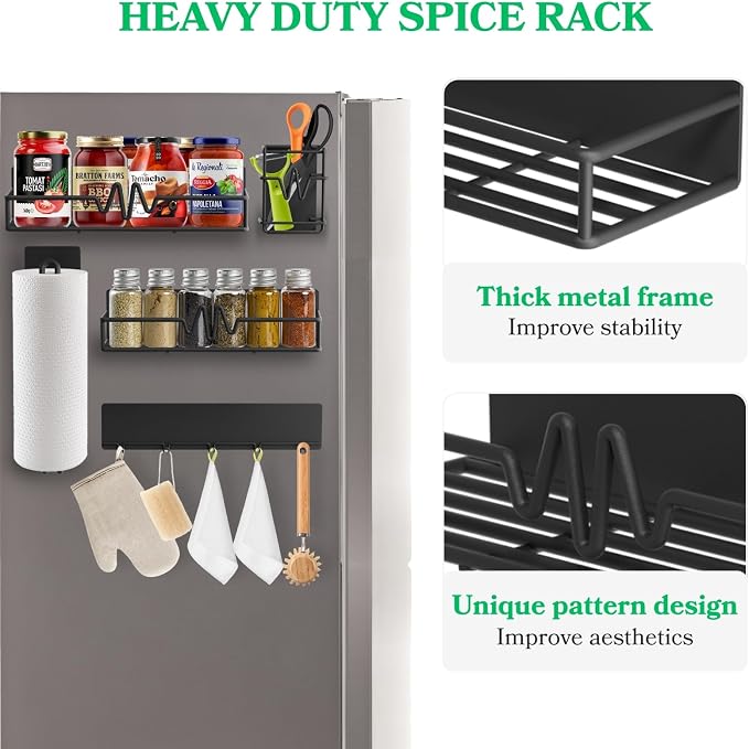 Ofiray-home 5-Pack Magnetic Spice Rack for Refrigerator, Black | Heavy Duty Magnetic Shelf, Paper Towel Holder Included, Utensils Racks & Hook Rail, Home Kitchen Laundry Room RV Storage