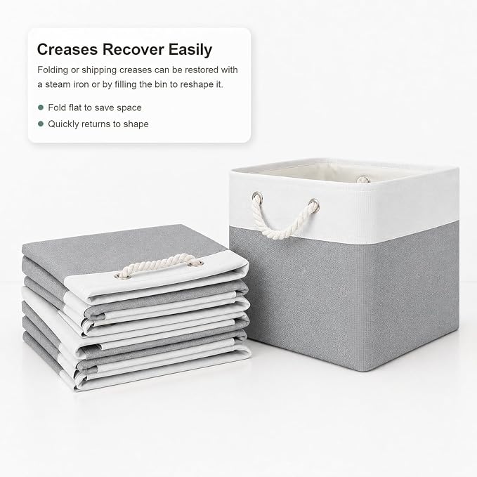 11x11 Inch Cube Storage Bins, 6 Pack Collapsible Fabric Storage Cubes with Rope Handles, Waterproof Foldable Storage Baskets for Cube Shelves, Closet, Clothes, Toys, Books, White & Gray