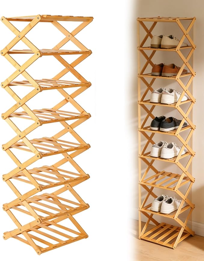 Foldable Shoe Rack, Tier No-Assembly Bamboo Rack, 2026 New Portable Bamboo Corner Shoe Rack, Multifunctional Narrow Shoe Shelf for Entryway, Closet, Corner, Bedroom (8 Layers)