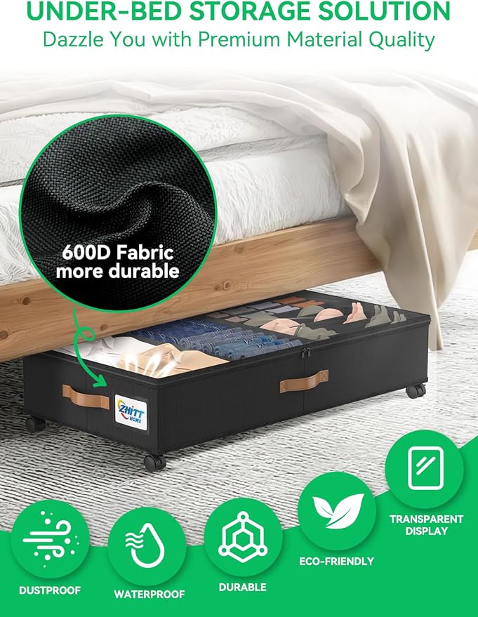 Under Bed Storage with Wheels, Under the Bed Storage Containers Lids | 2-Pack 58L & 1-Pack 15L Box, Organizer Bins Rolling Underbed Storage for Clothes, Underwear, Socks, Shoes