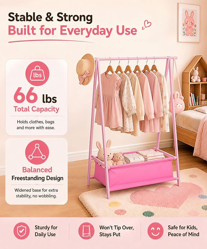 Homde Sturdy Kids Clothes Rack: 66 lb Capacity for Growing Wardrobe Needs | Hanging Rod Holds Clothes, Basket Stores Items Below - Helps Kids Build Tidy Habits - Angled Bamboo Side Frames Add Stability