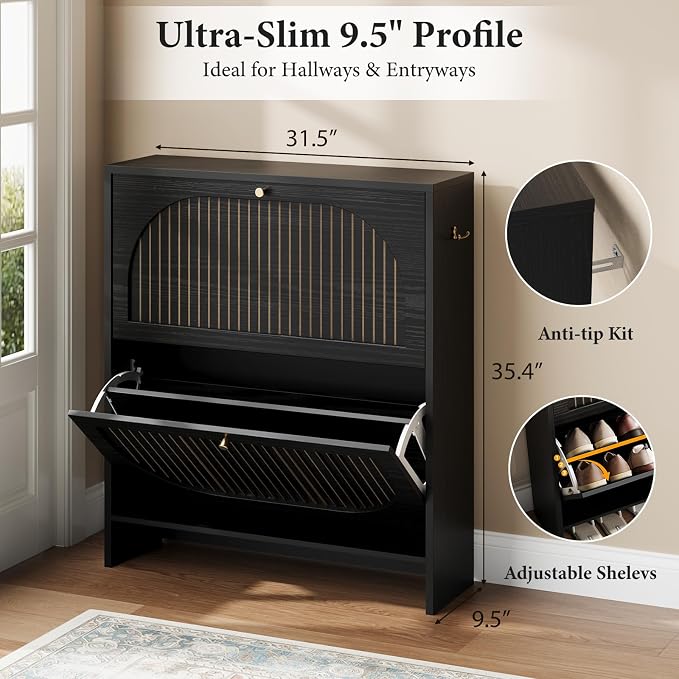 Nicetree Shoe Cabinet Storage for Entryway, Narrow Shoe Rack 2 Flip Drawers with 3-Level Adjustable Shelves, 9.5" Slim Cabinet for Small Spaces, Midnight Black Wood Storage Cabinets Fits Size 13.5