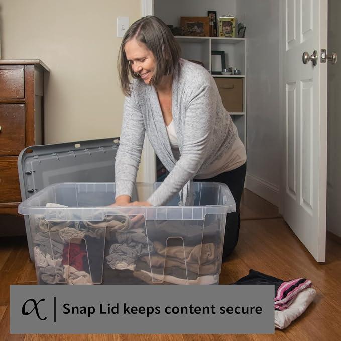 CX BLACK & YELLOW 27-Gallon Heavy Duty Clear Stackable Storage Bins with Lids, Dorm Room Essentials, Dorm Storage, Moving Boxes, Back to School, Classroom Organization, Home Organization, 2 Pack (14.3H x 20.6W x 30.6D)