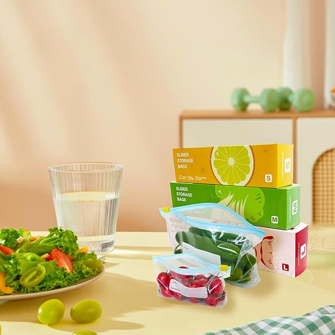 100 Pcs Food Storage Freezer Bags, 3 Sizes Zip Lock Bags, Reusable Ziplock Bags Sandwich Bags with Expandable Bottom, Heavy Duty Zip Seal Food Bags for Fruits, Vegetables, Meat, Grains, Snacks