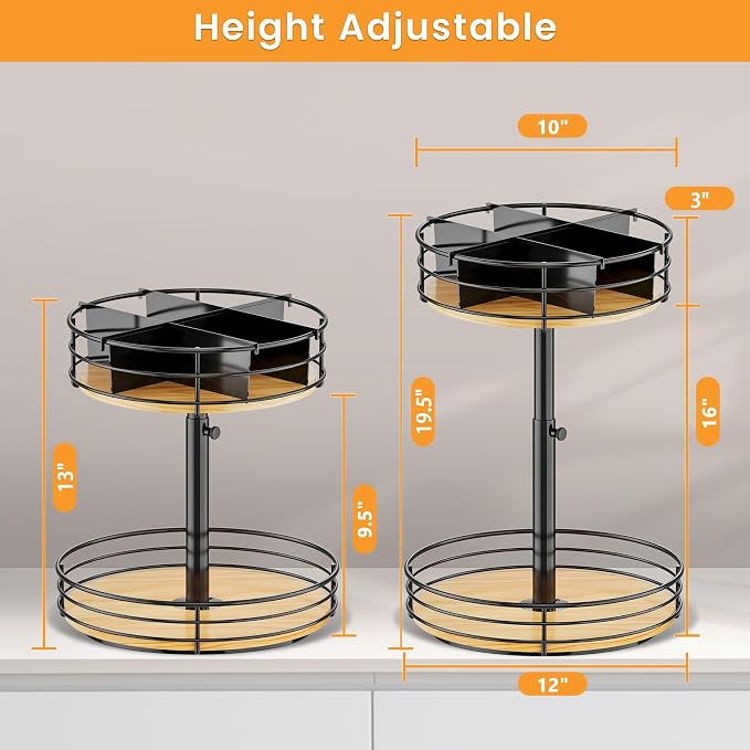 2 Tier Lazy Susan Snack Organizer, Adjustable Height, Black | 12 Inch, Wood Rotating Spice Rack, For Kitchen Countertop Pantry Cupboard Bathroom, Coffee Bar Home Storage