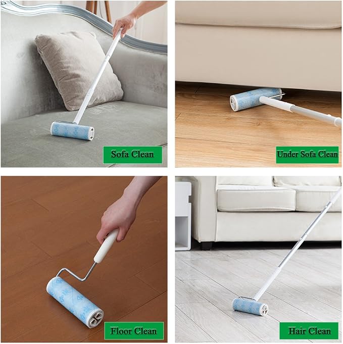 Large Lint Roller 6.3" Sticky Roller Extendable Handle for Floor & Pet Hair | Long Handle Sticky Mop, 4-section Adjustable Pole, 30 Sheets Cleans Carpets, Curtains, Cars, Bedding, Couches, Clothing