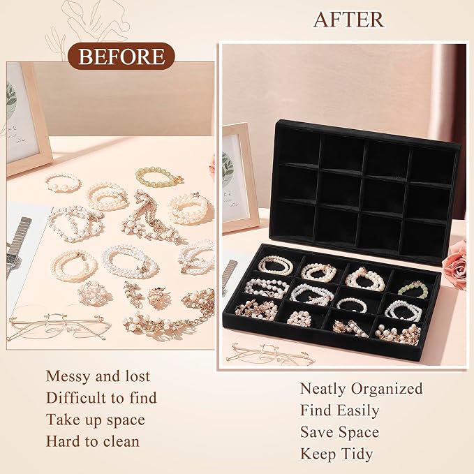 Cinnvoice 4 Pcs Stackable Jewelry Organizer Tray, 12 Grids Velvet Bracelet Ring Necklace Tray, Jewelry Organizer Trays for Drawer Display Selling Bangle Necklace Earring Showcase Storage(Black)