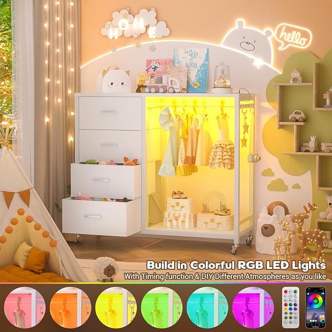 Cyclysio Storage Clothes Rack with 4 Drawers, Garment Rack with Charging Station & LED Lights, Fabric Chest Shelves Clothing Rack, Wooden Portable Wardrobe Closet