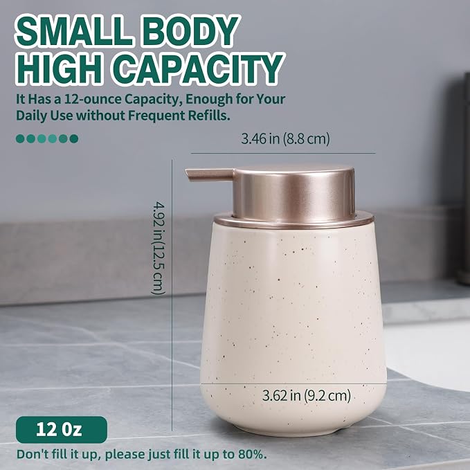 Bosilunlife 12Oz Ceramic Foam Soap Dispenser for Bathroom Kitchen Counter | Premium countertop foam pump creates delicate dense foam, stable desktop placement, Apricot with Speckle