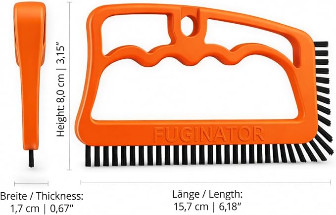 FUGINATOR® Grout Brush Orange/Gray - Ergonomic Heavy Duty Cleaning Brush for Bathroom, Shower & Kitchen - Deep Detail Scrubber for Wall & Floor Tiles, Crevices & Tight Spaces - Made in Germany