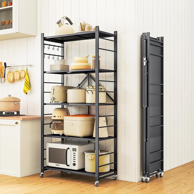 Fenbeli 5 Tier Folding Storage Shelf with Wheels – Heavy Duty Metal Organizer Rack, No Assembly Collapsible Utility Shelving Unit for Garage, Kitchen, Pantry, Basement, Office (Black-B, 5 Tier)