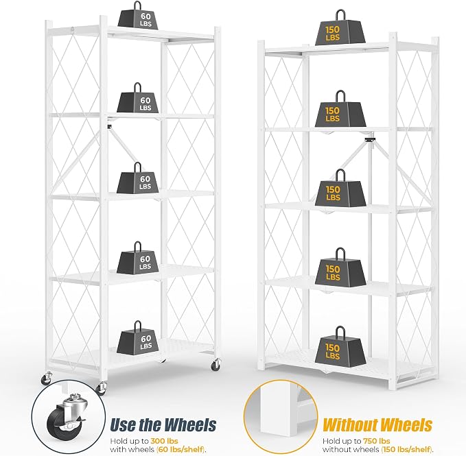 Fenbeli 5 Tier Storage Shelf with Wheels - Metal Collapsible Shelving Unit Display, Heavy Duty Folding Shelves, No Assembly Organizer Rack for Garage Kitchen, Basement, Pantry (White, 5 Tier)