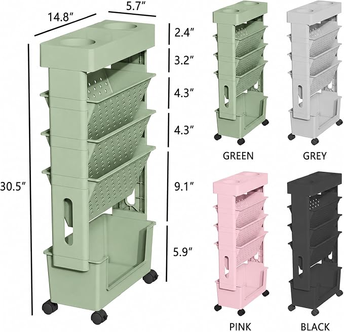 5-Tier Rolling Bookshelf Magazine Rack with Wheels Green | Mobile Bookcase, Book Storage, File Folder Organizer Cart for Home Study Office Living Room Classroom