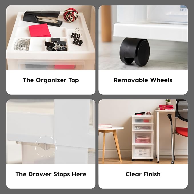IRIS USA 4-Drawer Rolling Storage Cart, White/Clear | Keep craft supplies, office essentials, classroom items, and accessories organized with easy-access drawers for daily use