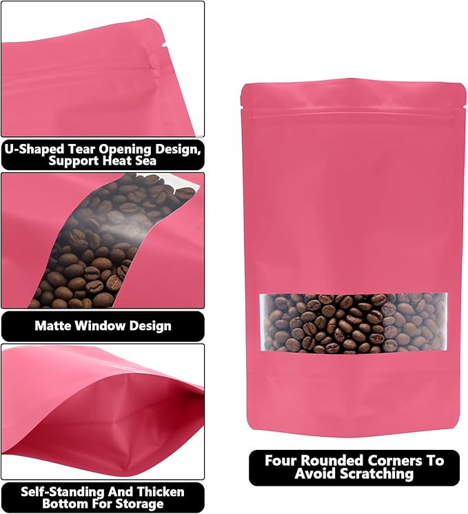 100PCS Foil Pouch Mylar Bags with Clear Window,ULIFESTAR Stand Up Sealable Bags with Tear Notches,Resealable for Food,Party Favors,Gift Packaging and Small Business(14 * 20cm/5.51 * 7.87",Pink)
